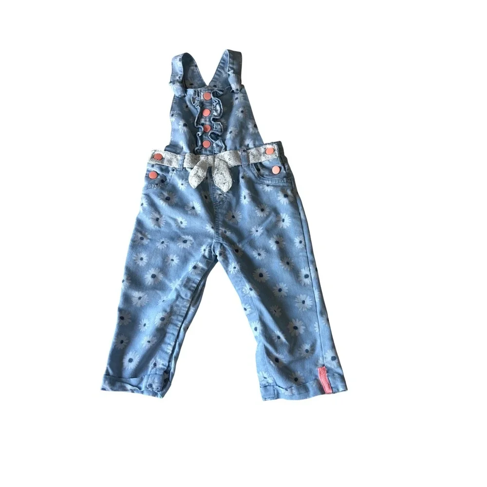 Blue Daisy Floral Ruffle Denim Overalls with Lace Bow 24M Kids‎ Dungarees